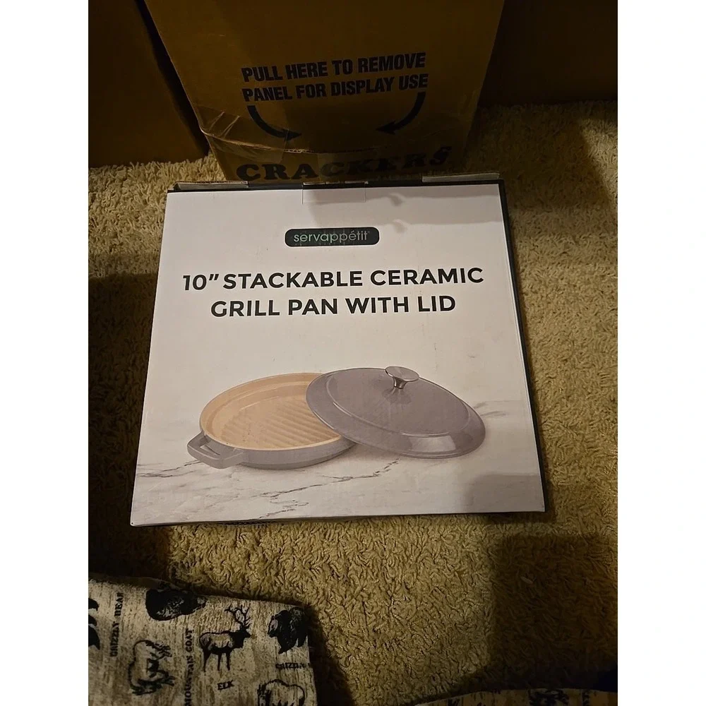 Servappetit Ceramic Grill Pan with Lid Stackable 10 inch Gray
